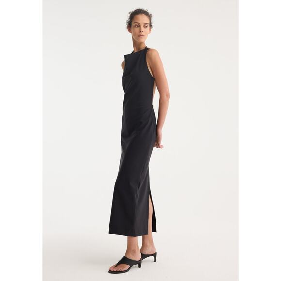 ROHE Black Open Back High Neckline Tie Strap Detail Floor Length Back Slit Dress - Picture 1 of 16
